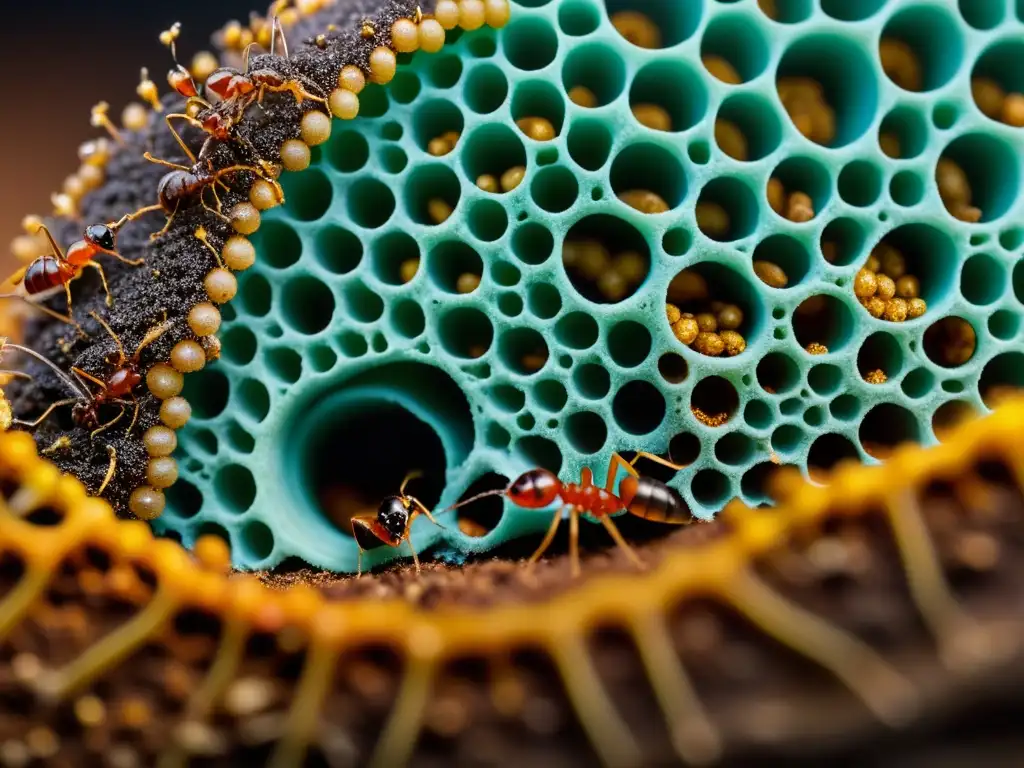 Una colonia de hormigas colorida y detallada, con obreras ocupadas y larvas, en tonos terrosos