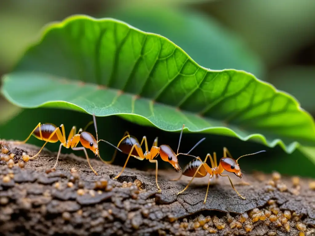 Colonia de hormigas cortadoras de hojas mimetizadas con su entorno, demostrando tácticas de camuflaje en insectos sociales