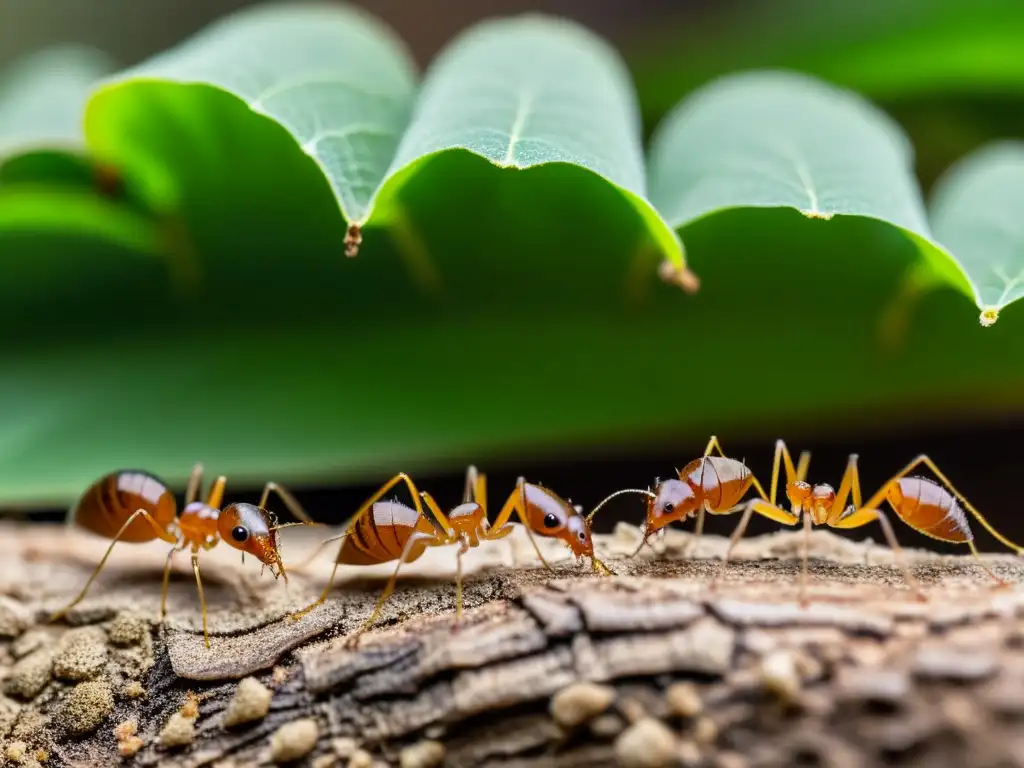 Colonia de hormigas cortadoras de hojas trabajando juntas, mostrando tácticas de camuflaje en insectos sociales