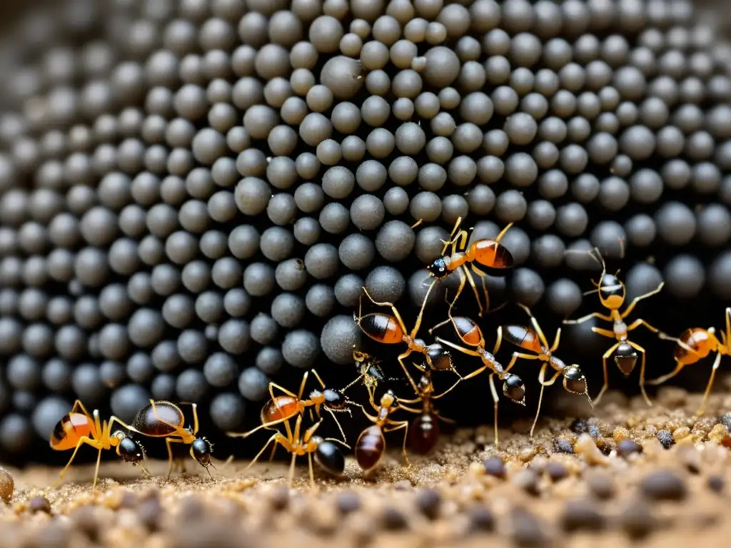 Una colonia de hormigas trabajando en equipo para transportar comida y construir su red de túneles