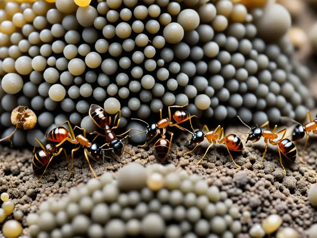 Una colonia de hormigas colaborando en intrincados túneles y cámaras, resaltando la importancia de la colaboración en insectos