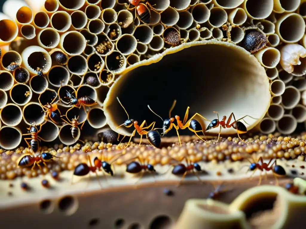 Una colonia de hormigas trabajadoras en un complejo entramado de túneles