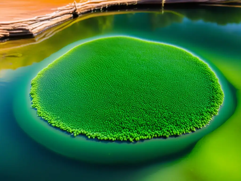 Colonia vibrante de espirulina flotando en la superficie de un estanque, reflejando la flora circundante y creando un ambiente sereno