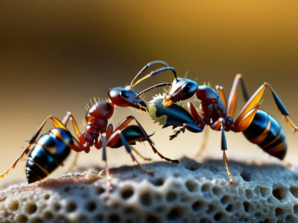 Dos colonias de hormigas en una intensa batalla, con detalles intrincados y colores vibrantes