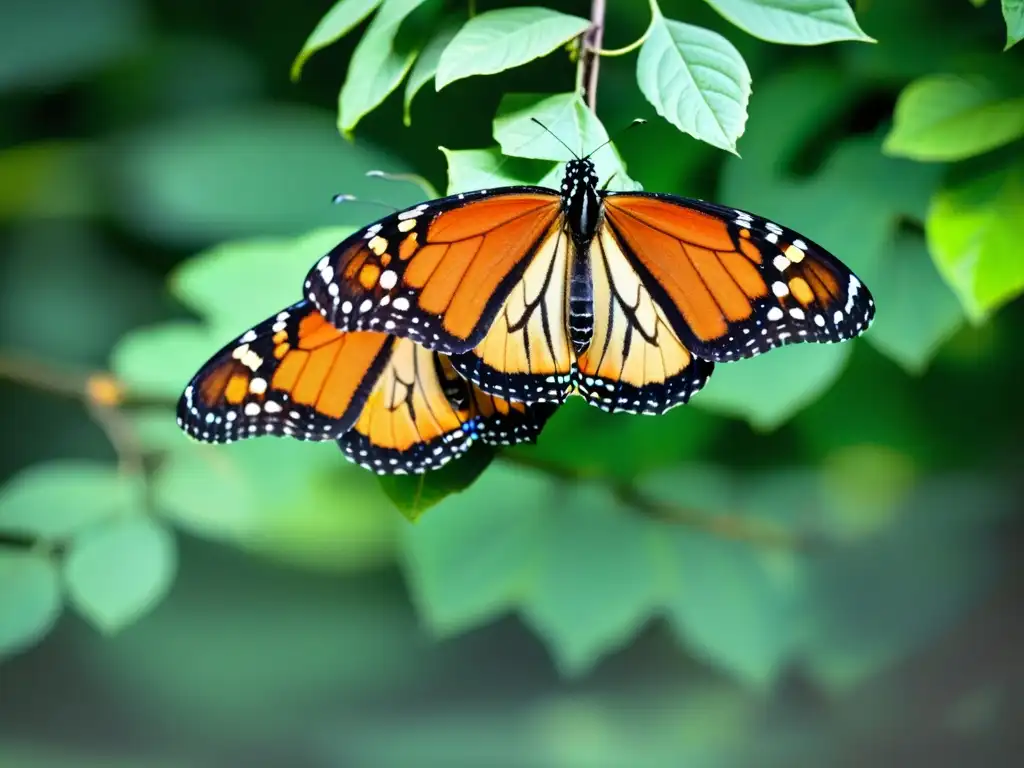 Comportamiento social mariposas monarca migrando en ramas, con alas naranjas vibrantes iluminadas por el sol entre follaje verde exuberante