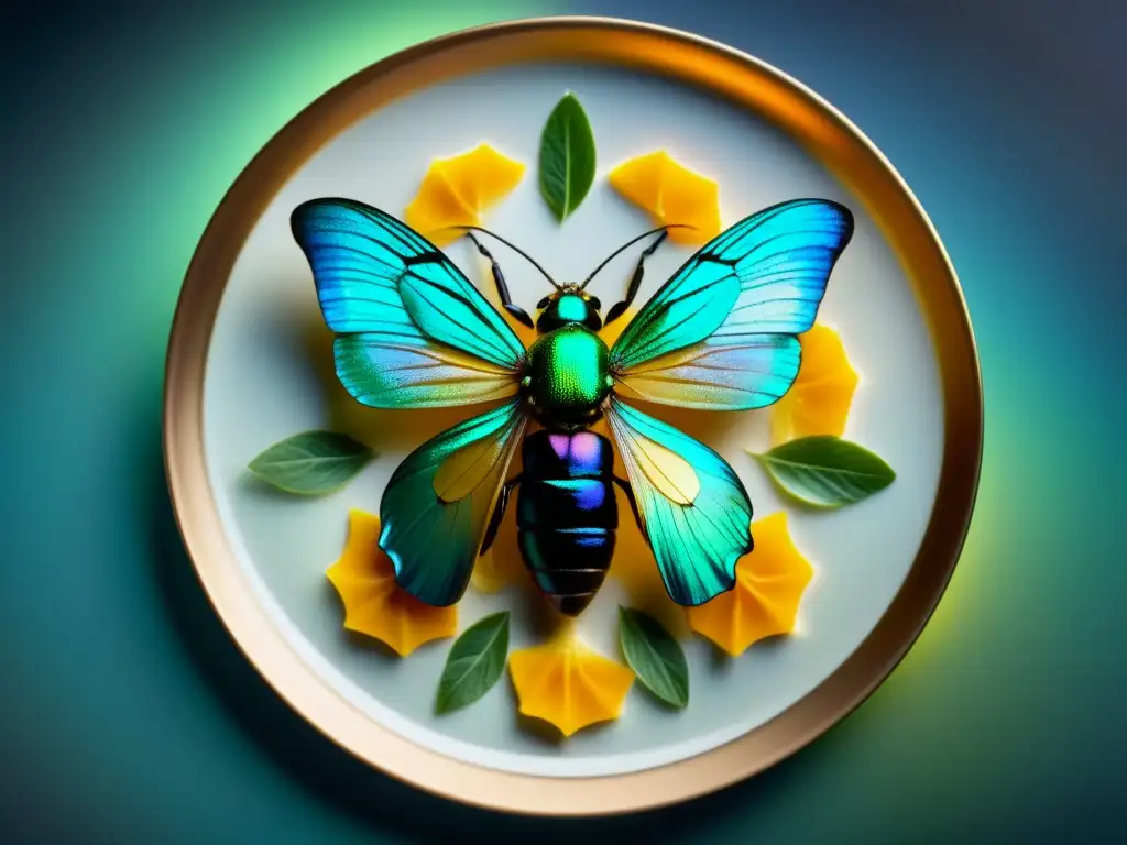 Una composición culinaria gourmet con insectos exóticos dispuestos de forma artística, resaltando sus colores y detalles