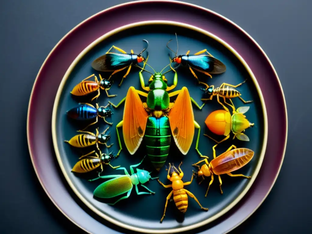 Una composición detallada de coloridos insectos comestibles en un plato moderno, destacando sus texturas y patrones