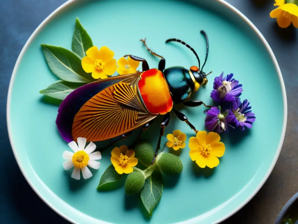 Una composición detallada de un exquisito plato gourmet con flores comestibles, hierbas y suplementos alimenticios a base de insectos