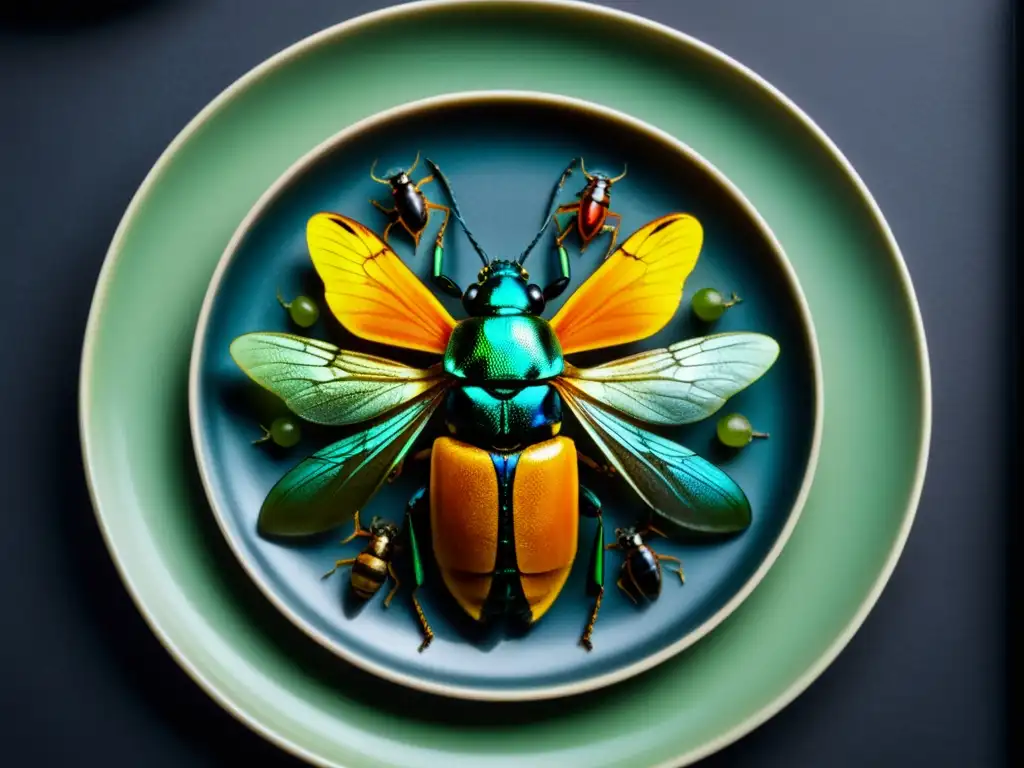 Una composición detallada de insectos comestibles en un plato moderno, resaltando su belleza natural