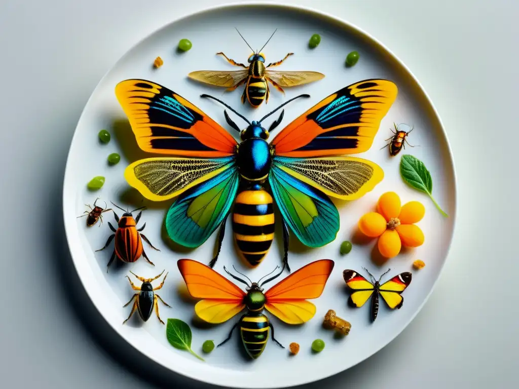 Una composición visualmente impactante de insectos comestibles con un valor nutricional comparado, en un plato moderno y colorido