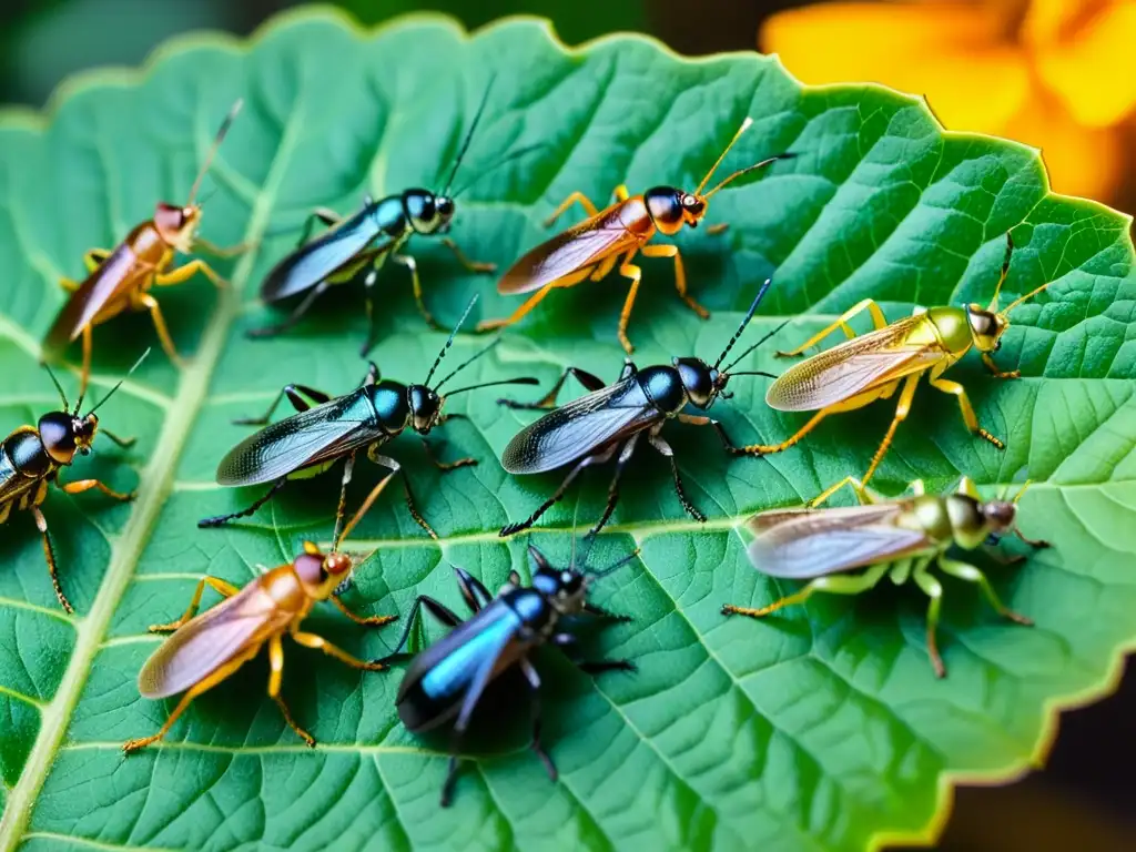 Una composición vibrante de insectos comestibles en hojas verdes, resaltando sus texturas y colores