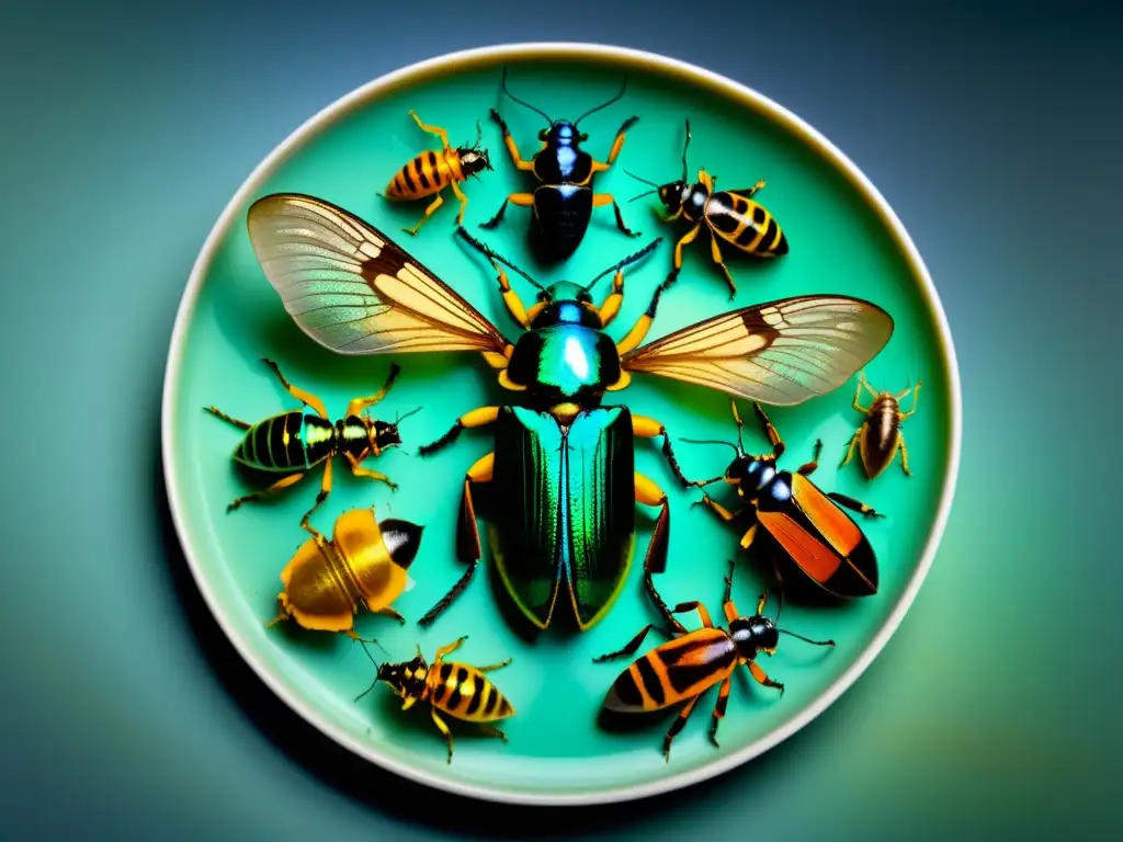 Una composición visual impactante de insectos comestibles en un plato moderno