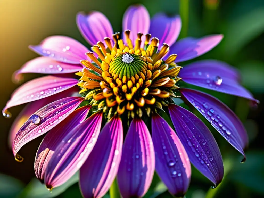 'Una coneflower morada cubierta de rocío bajo la luz dorada de la mañana, atractiva para insectos polinizadores