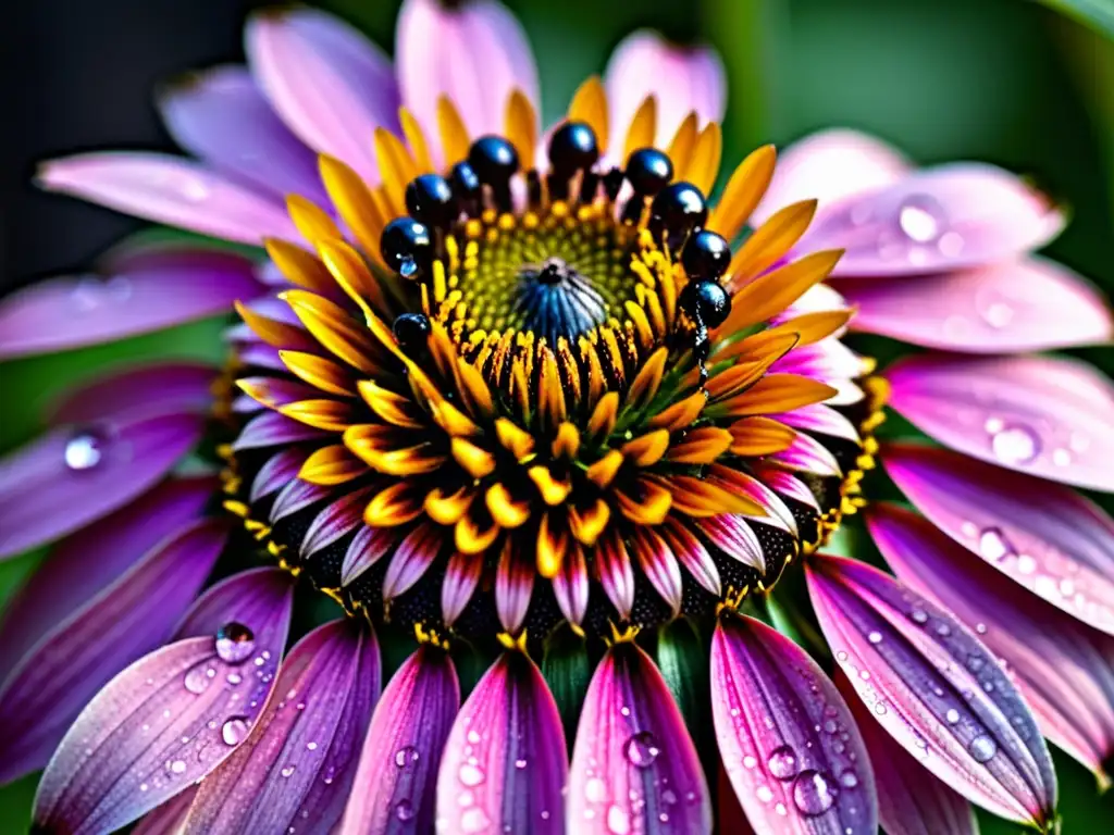 Una coneflower morada con gotas de agua, atractiva para insectos, iluminada por el sol, con detalles deslumbrantes