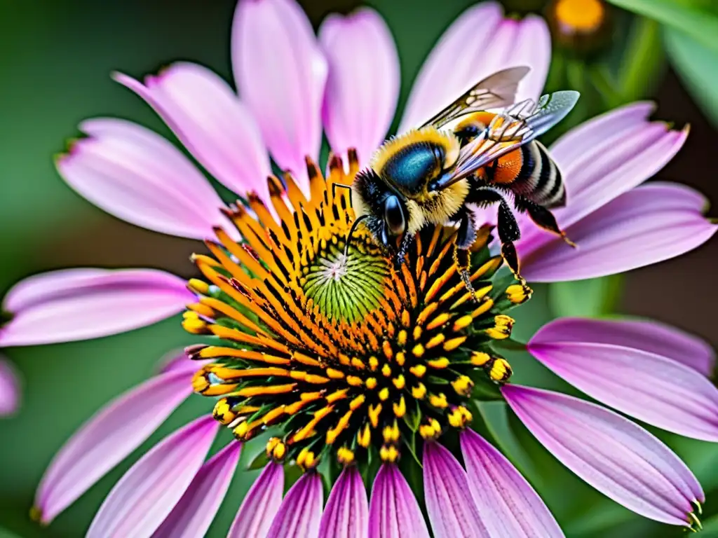 Una coneflower morada en plena floración atrae a un abejorro en un jardín de plantas atrayentes polinizadores