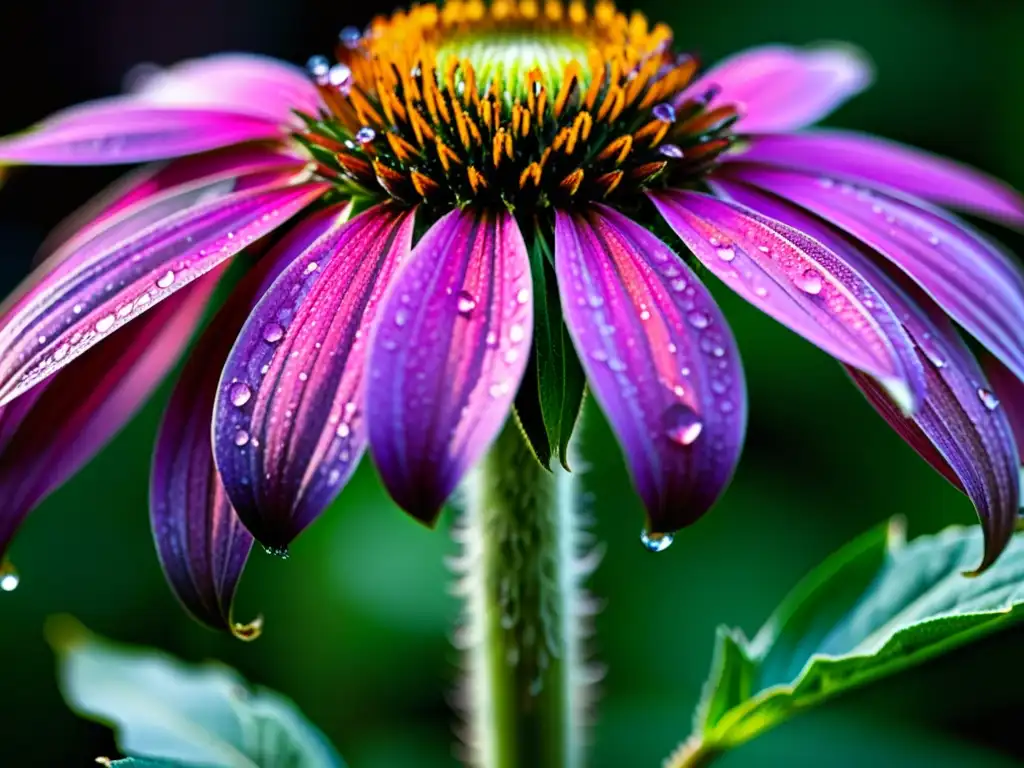 Un coneflower morado resplandeciente con rocío matutino