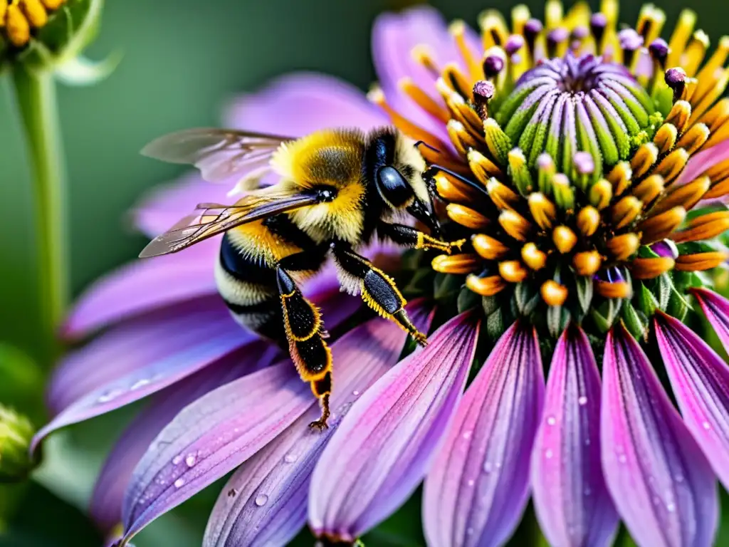 Un coneflower púrpura atrae a un bumblebee en un jardín, mostrando la hermosa relación entre plantas y polinizadores