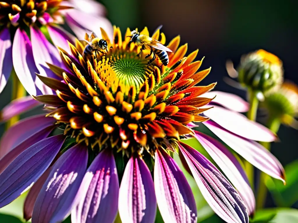 Una coneflower púrpura resplandeciente, cubierta de polen brillante, atrae a abejas y mariposas en la Guía huertos para polinizadores