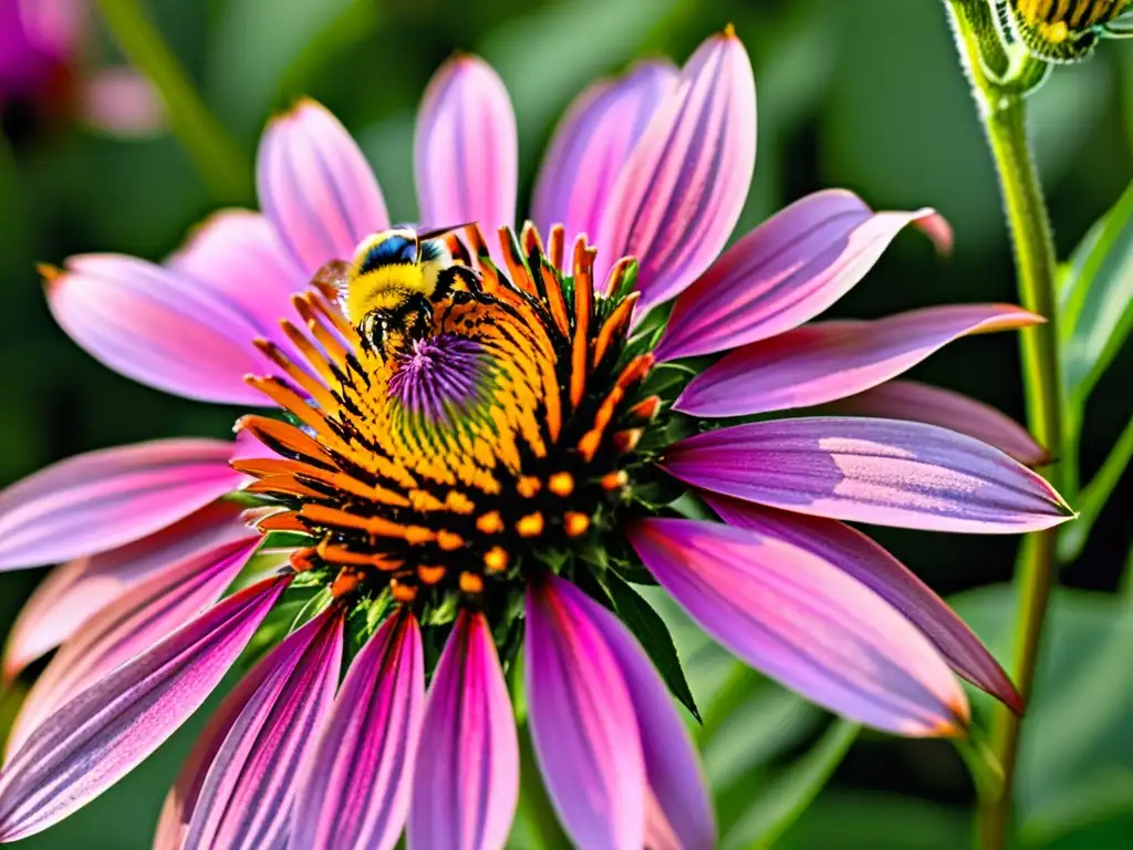 Un coneflower púrpura vibrante en plena floración, con un abejorro en vuelo