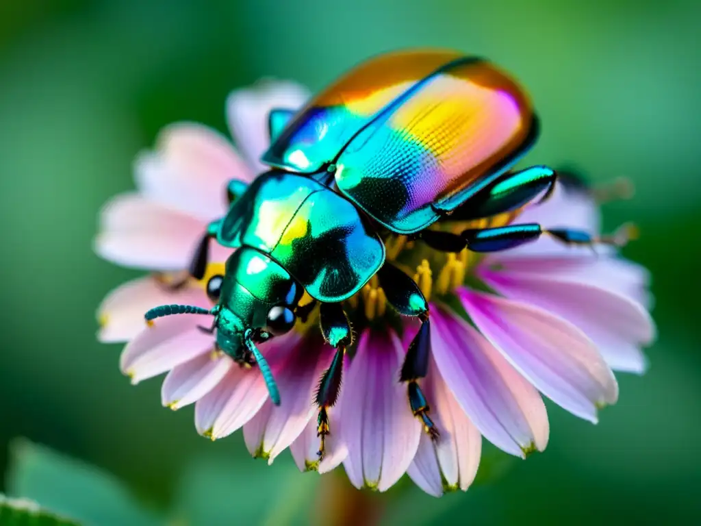 Consejos para fotografiar insectos inimaginables: un escarabajo iridiscente posado en un pétalo de flor, con sus colores y texturas cautivadoras