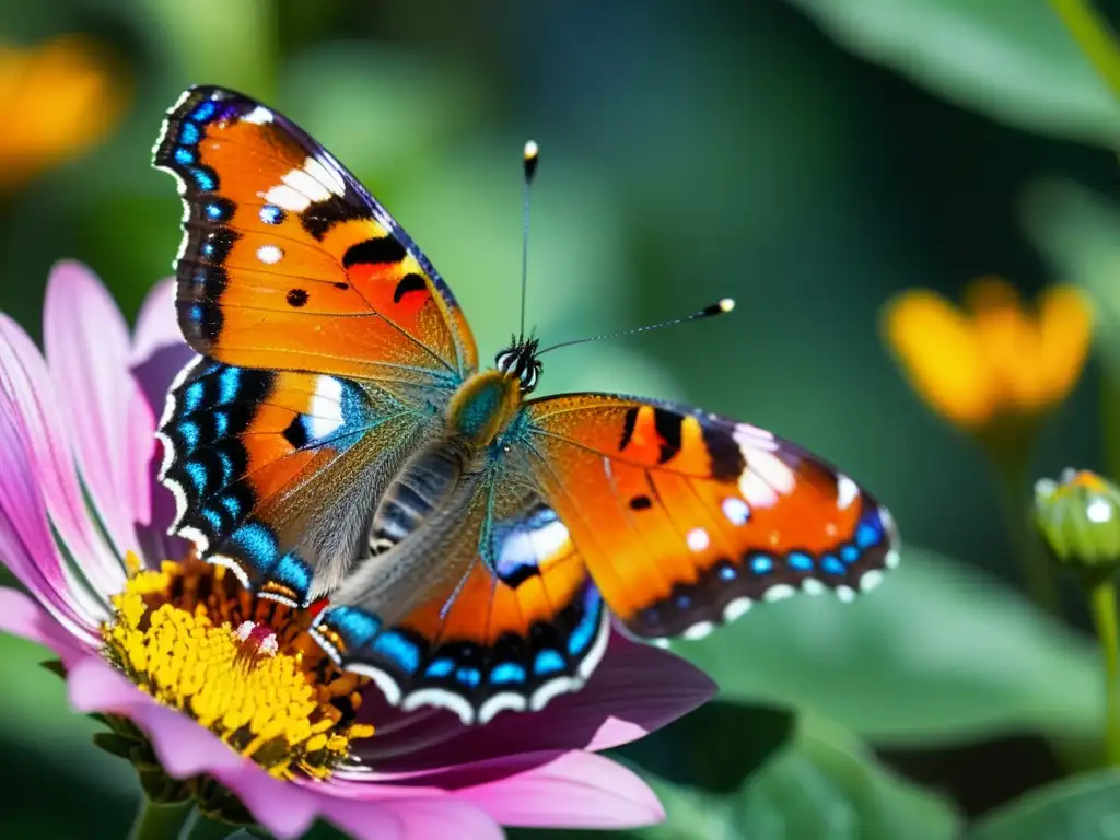 Consejos para la observación de insectos en su hábitat natural: Mariposa detallada posada en flor vibrante, con delicadas alas y luz solar filtrada