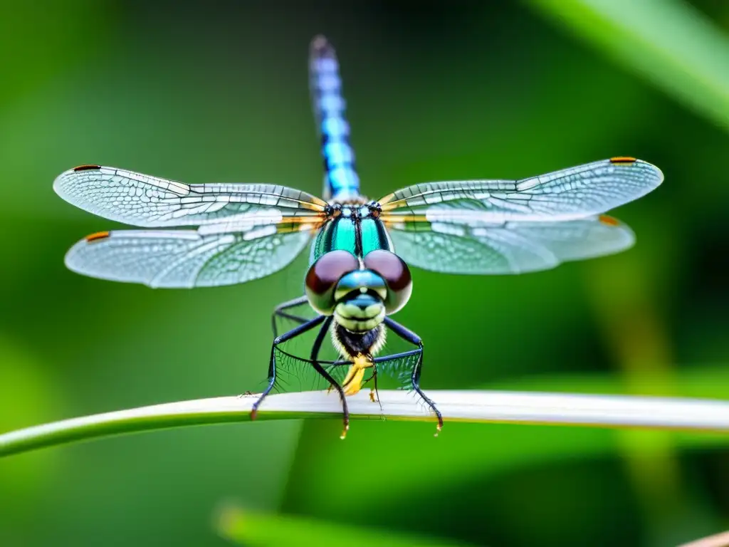 Consejos para safari: impresionante macrofoto de libélula verde y negra posada en una brizna de hierba, con alas transparentes brillando al sol