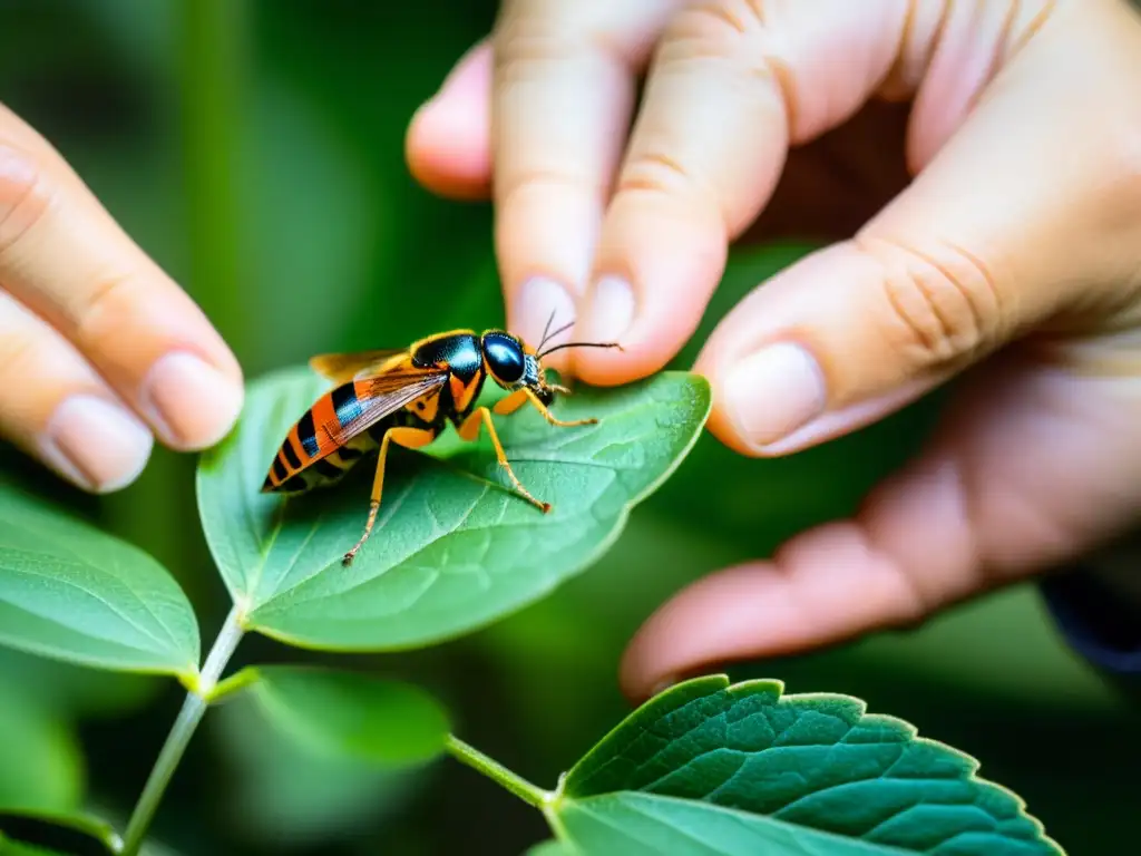 Un conservacionista traslada con cuidado un insecto raro y en peligro de su hábitat natural a un entorno de conservación ex situ, mostrando la delicada y precisa técnica de conservación in situ y ex situ