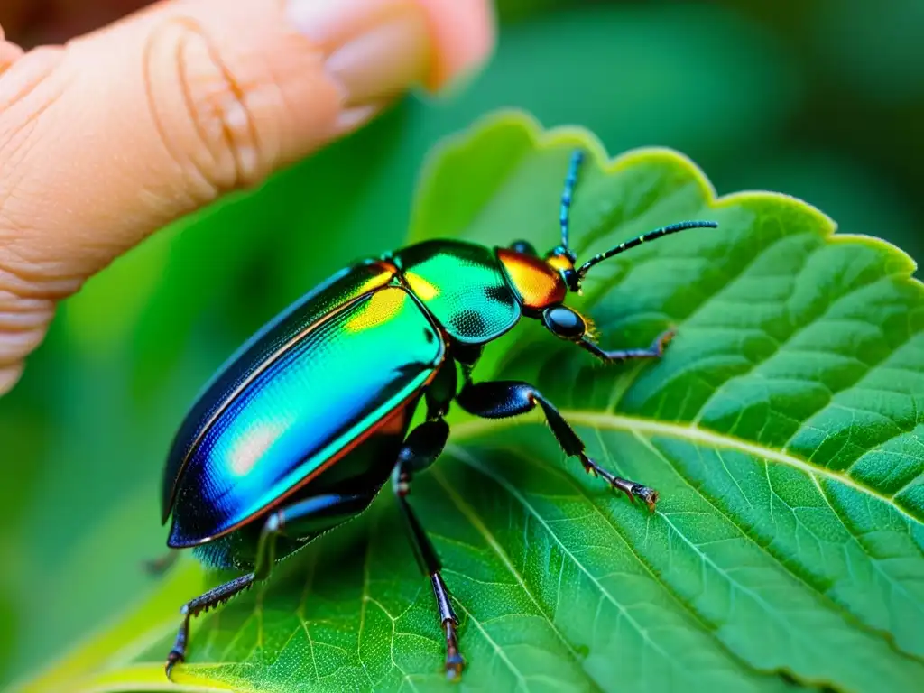 Conservacionista liberando delicadamente un pequeño escarabajo iridiscente en hoja verde, resaltando la importancia de preservar estos insectos