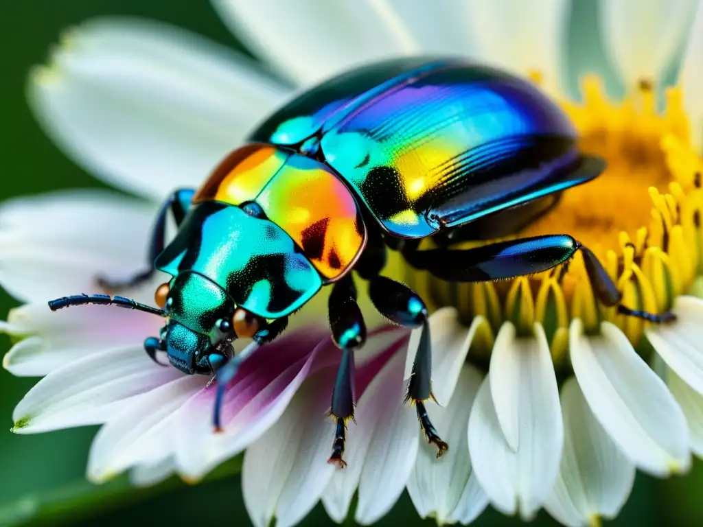 Fotografía contemporánea de un escarabajo iridiscente posado en un pétalo brillante, destacando la belleza de estos seres