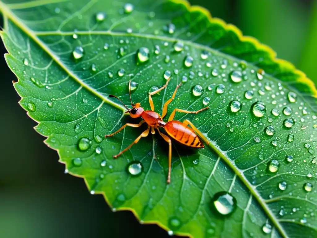 Control ecológico de plagas con feromonas: una hoja verde vibrante cubierta de gotas de agua con una hormiga caminando