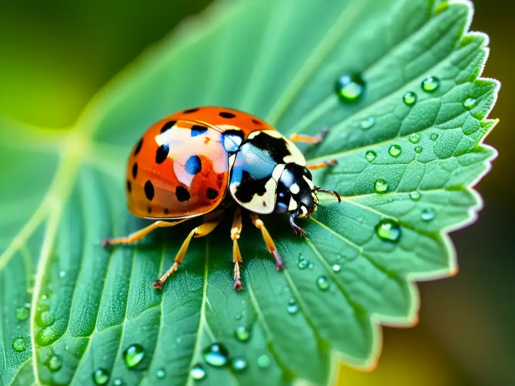 Control natural de plagas en huertos: Detalle impresionante de una mariquita en una hoja verde, con sus alas delicadas y patrones intrincados