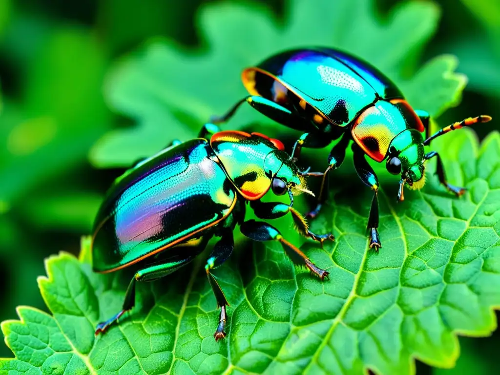 Cría de insectos para consumo humano: Detalle de escarabajos iridiscentes sobre hojas verdes frescas, con patrones y texturas impresionantes