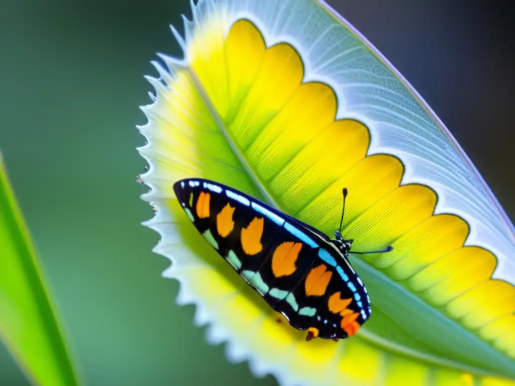 Mariposa recién eclosionada de su crisálida, con alas delicadas desplegándose y detallados patrones y colores