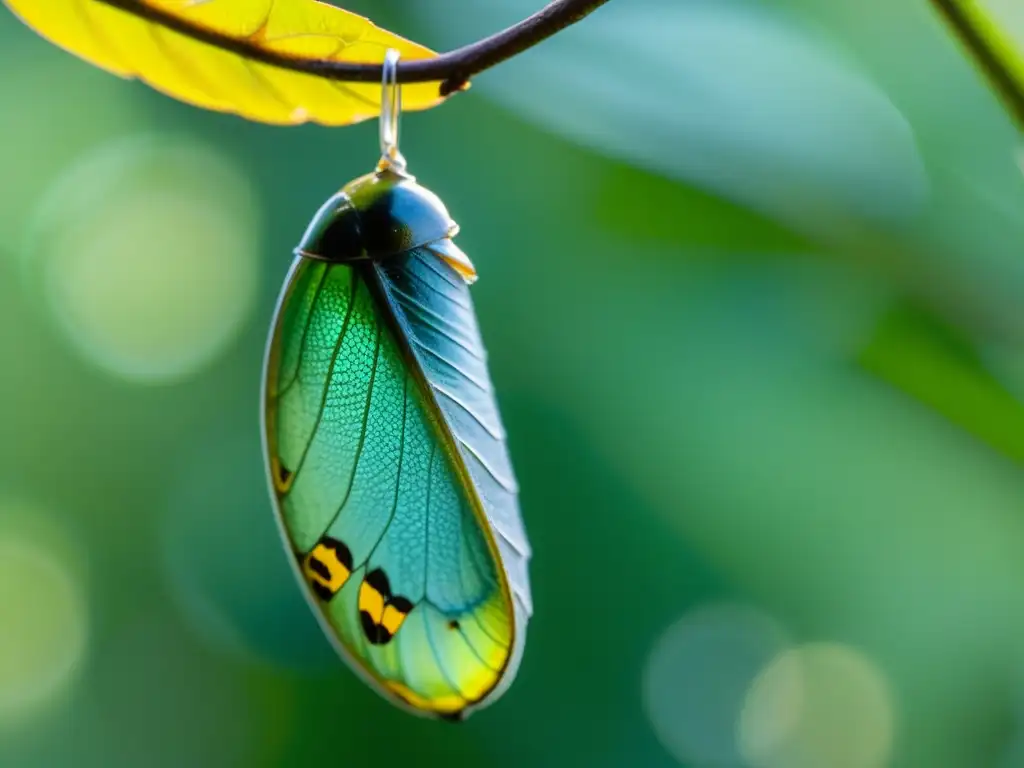 Una crisálida de mariposa en tonos verdes y detalles dorados y plateados