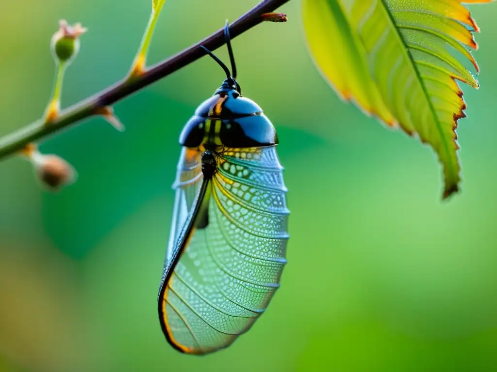 Una crisálida suspendida de una ramita, revelando los detalles fascinantes de la transformación del insecto en su estado de inactividad