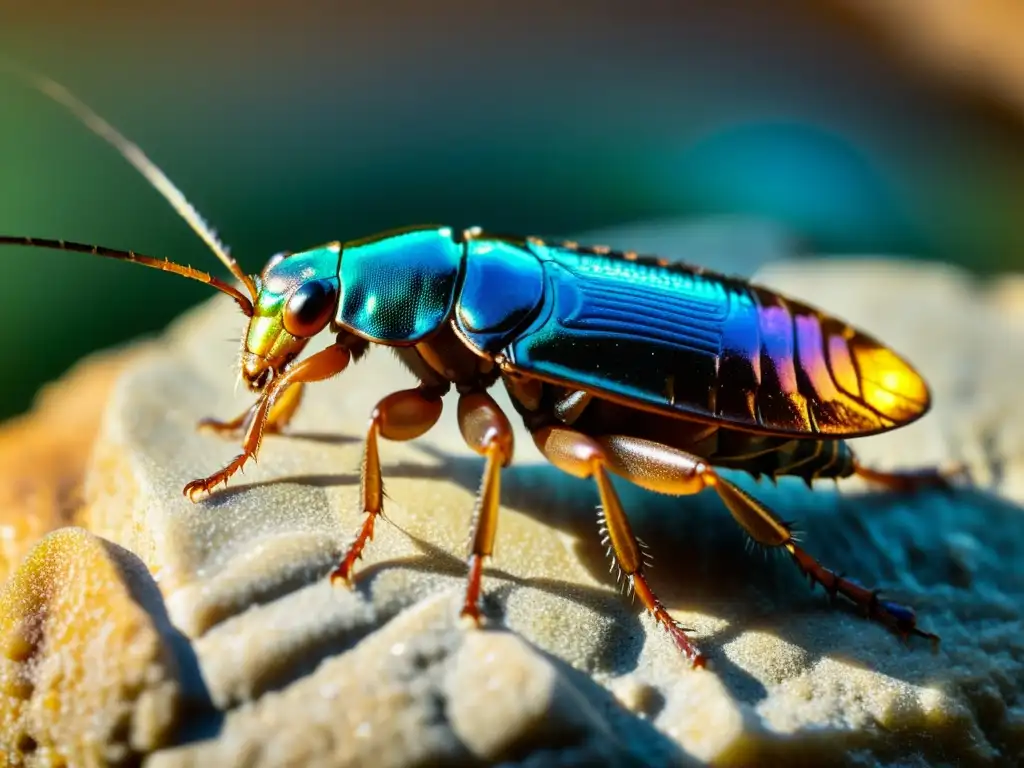 Una cucaracha brillante escucha los susurros antiguos, sus patas cubiertas de rocío