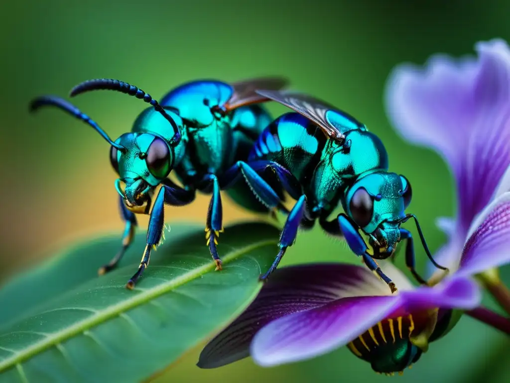 Danzas de apareamiento de insectos: Dos abejas orquídeas iridiscentes realizan un baile en una orquídea morada, con detalles asombrosos