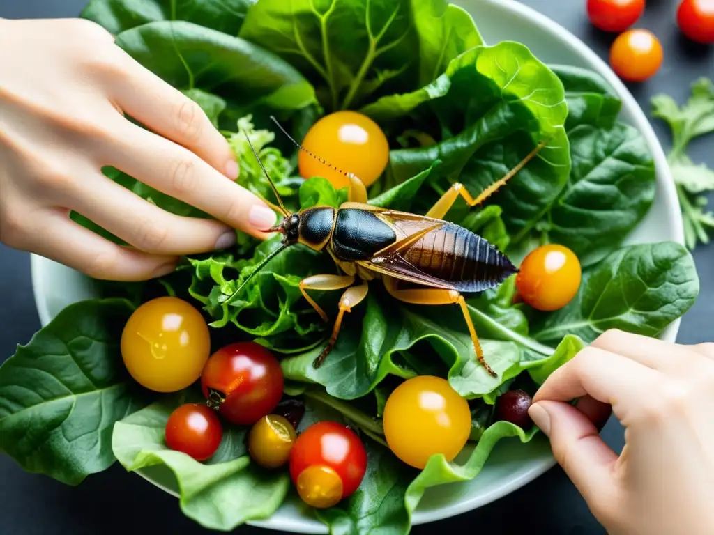 Una delicada composición de ensalada con grillo cocido, resaltando los beneficios de la entomofagia en dieta