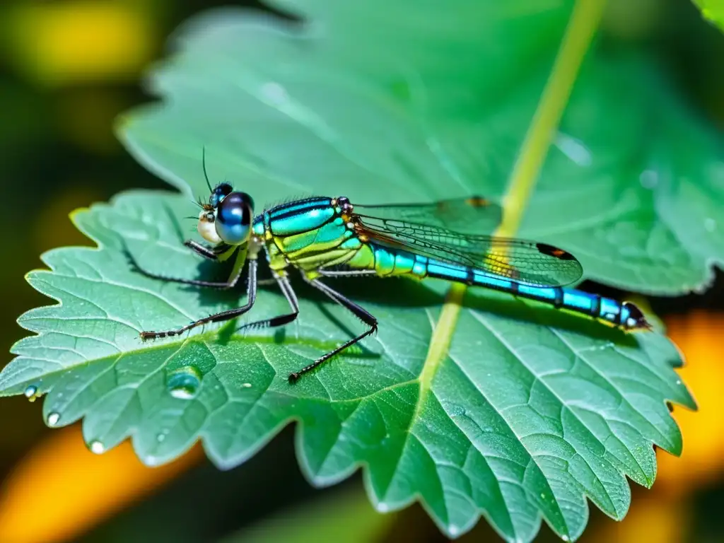 Una delicada libélula iridiscente descansa en una hoja verde, con detalles de sus alas y cuerpo