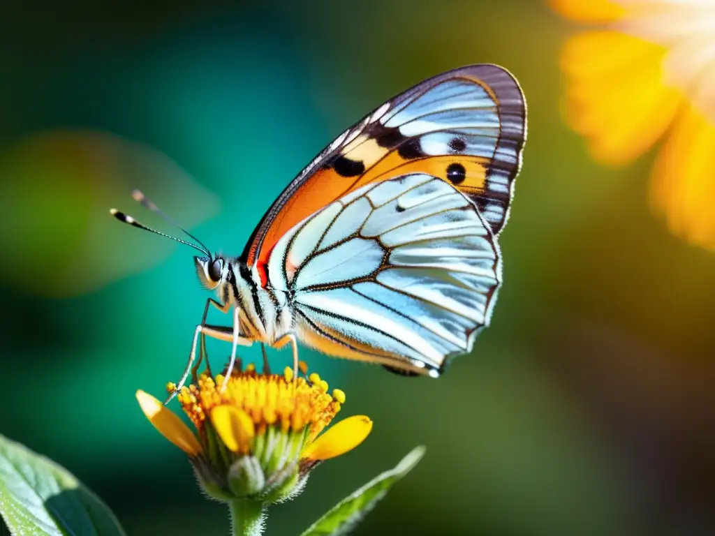 Delicada mariposa posada en una flor vibrante, con detalles iridiscentes