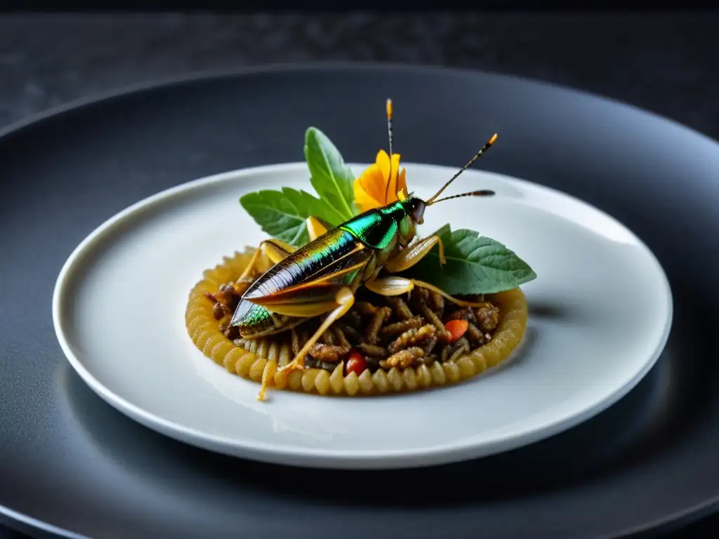 Delicada presentación de recetas innovadoras suplementos alimenticios insectos en plato blanco moderno