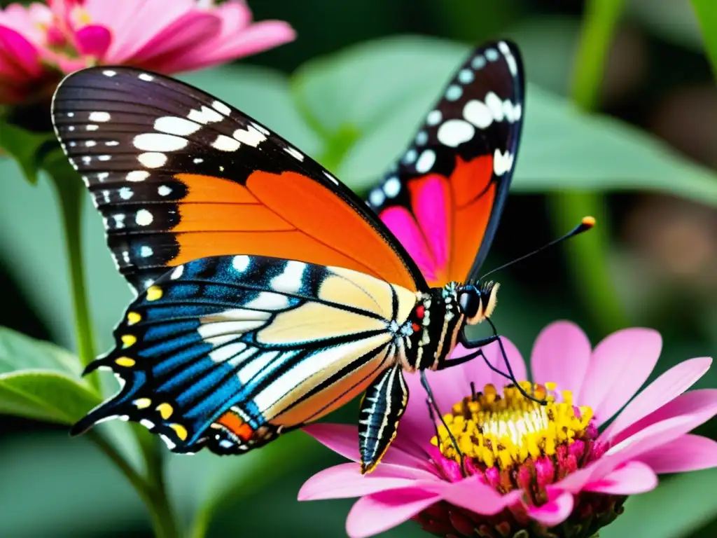 Un delicado y detallado close-up de una mariposa colorida bebiendo néctar de una flor rosada