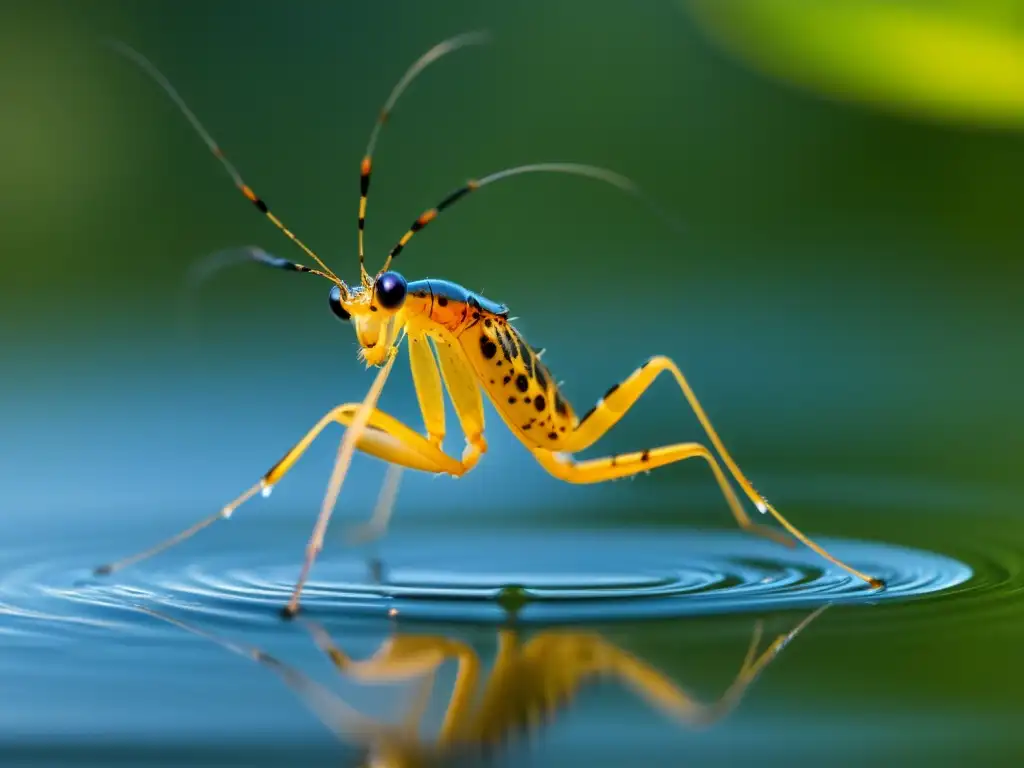 Delicado Gerridae sobre agua, reflejando efectos del agua contaminada en insectos