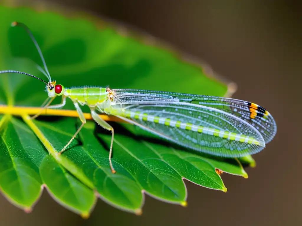 Un delicado insecto beneficioso en control de plagas, una crisopa verde reposa en una flor vibrante, destacando su belleza natural