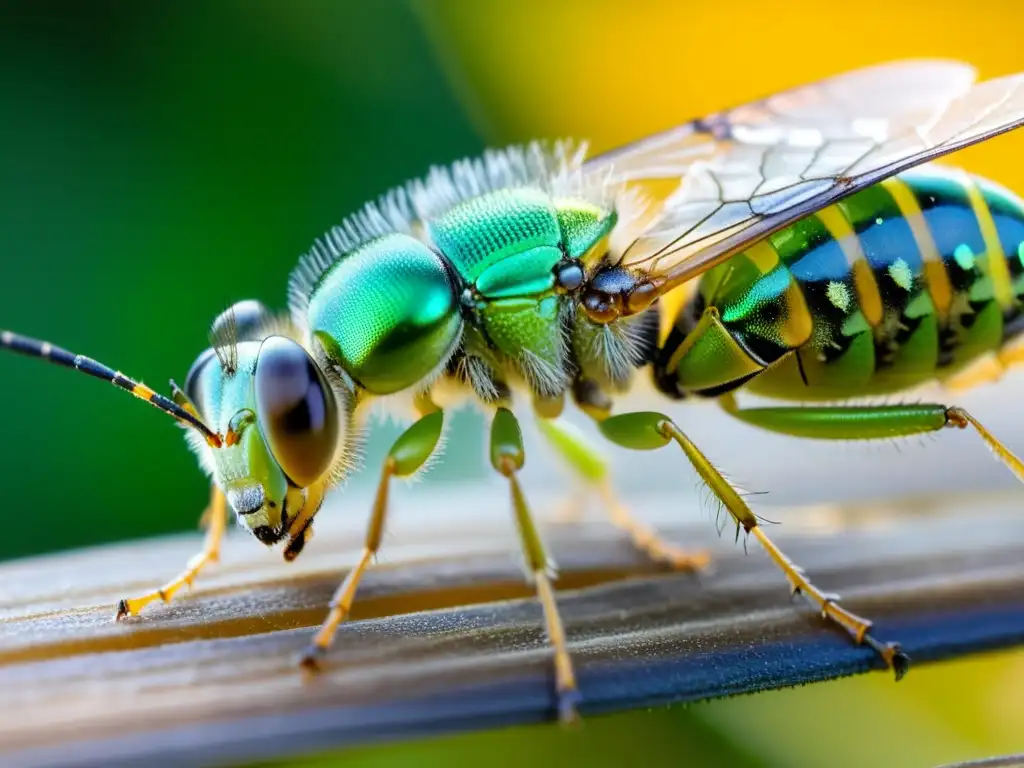 Un delicado lacewing limpia a una abeja