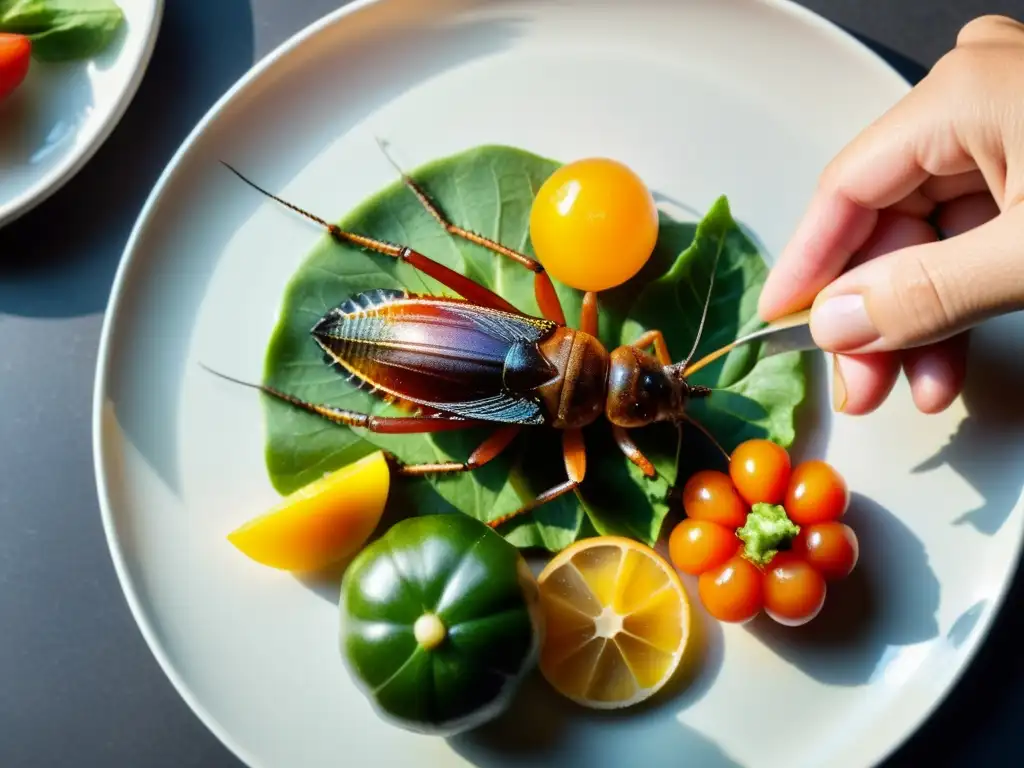 Un delicado plato de vegetales frescos con un grillo cocido, resaltando la entomofagia