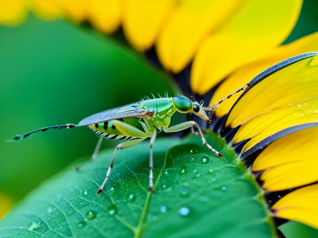 Un delicado pulgón verde descansa en un pétalo amarillo brillante, con gotas de rocío