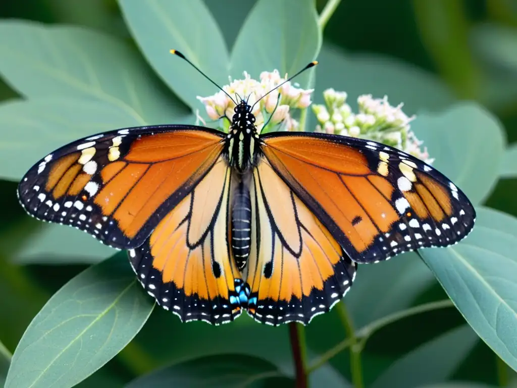 Un delicado y vibrante Monarca descansa sobre una flor de algodoncillo, mostrando sus detalladas alas iridiscentes