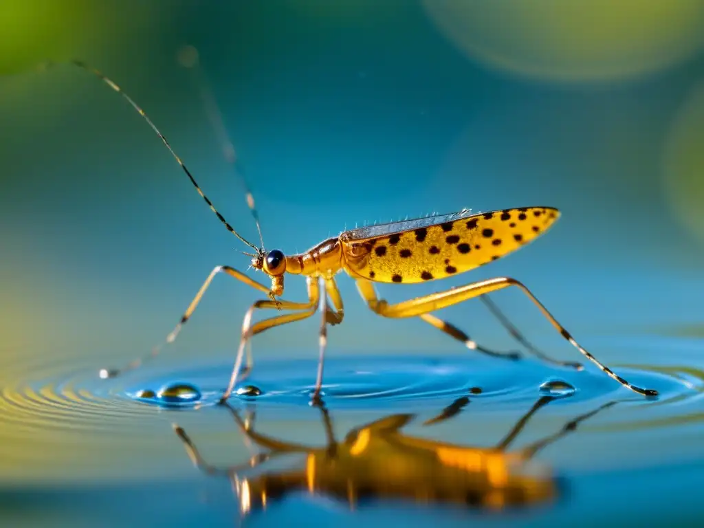 Un delicado zapatero de agua se posa en la superficie de un estanque tranquilo, destacando la importancia de los insectos acuáticos en el ecosistema