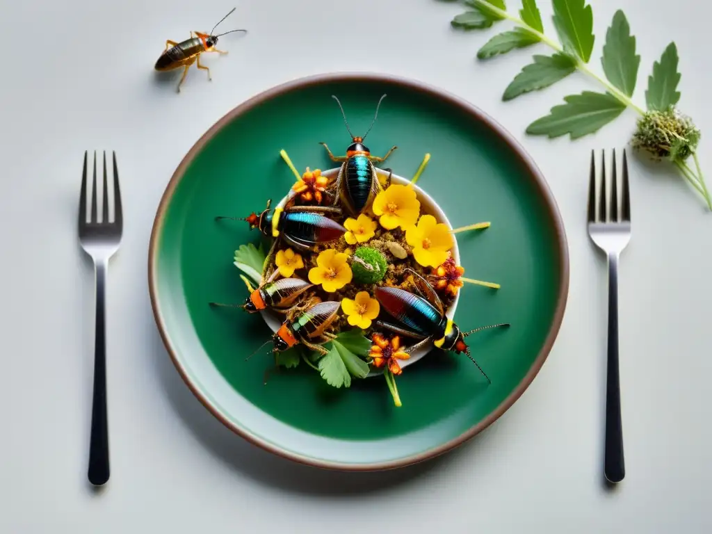 Deliciosa presentación de platos gourmet con insectos, resaltando las regulaciones de seguridad alimentaria en esta tendencia culinaria